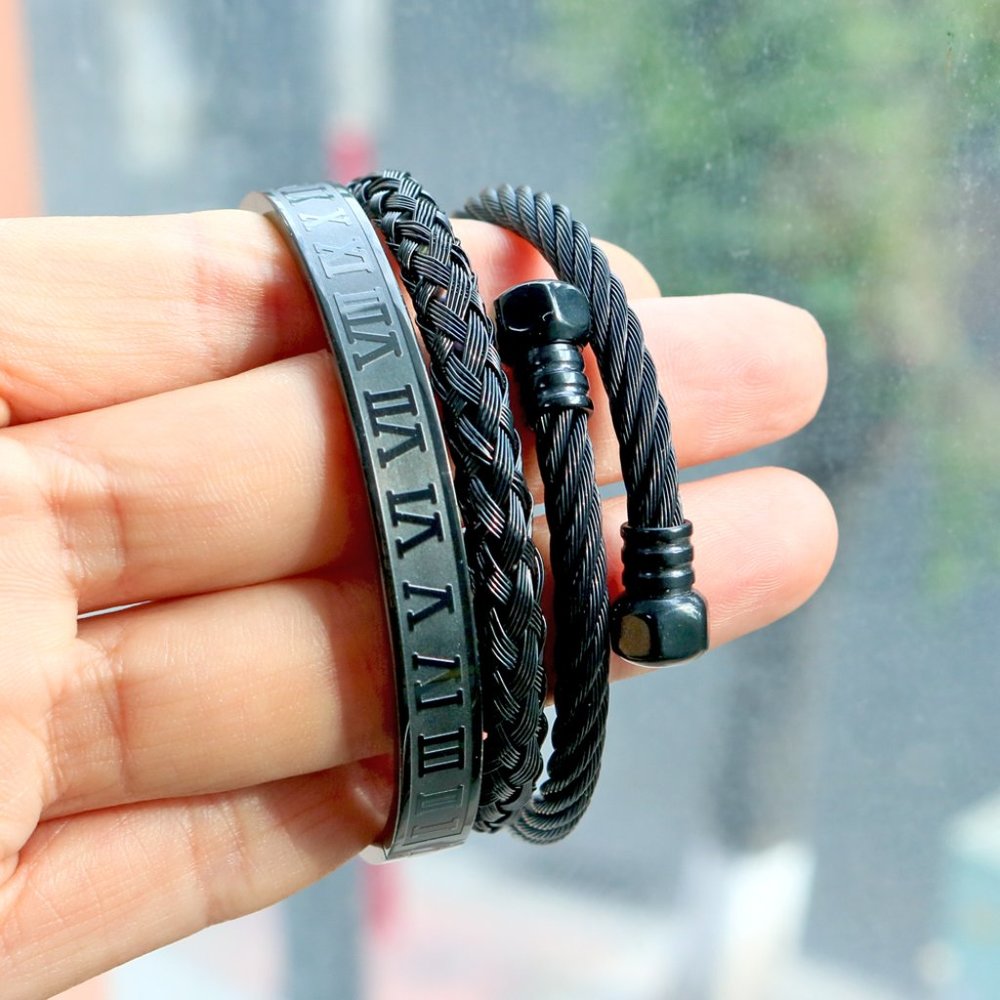 New! Silver 3 Piece Royal Roman Bracelets Bangles Adjustable - Picture 8 of 9